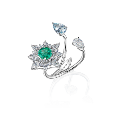 Кольцо с изумрудом, аквамарином и бриллиантами